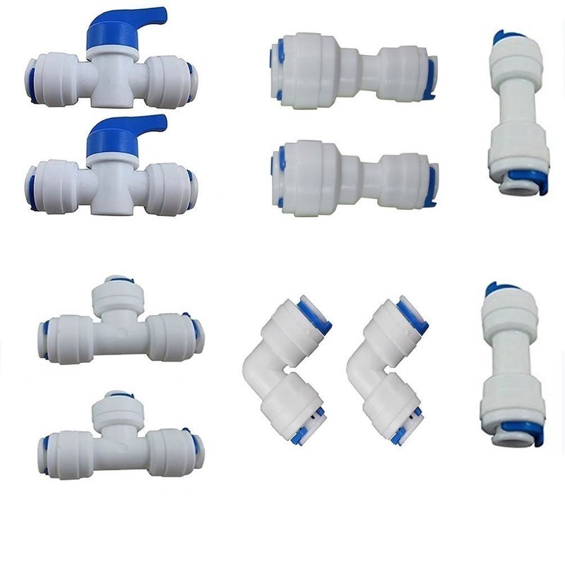 Liimevvon Reverse Osmosis Systems Quick Connect fittings Tube pipe Fittings combo,1/4 inch OD Quick Connect Push In to Connect(Ball Valve+T+I+L+1/4"" to 3/8"" I Type Combo) - Image 1